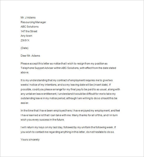 11 Two Weeks Notice Letter Templates PDF Google Docs