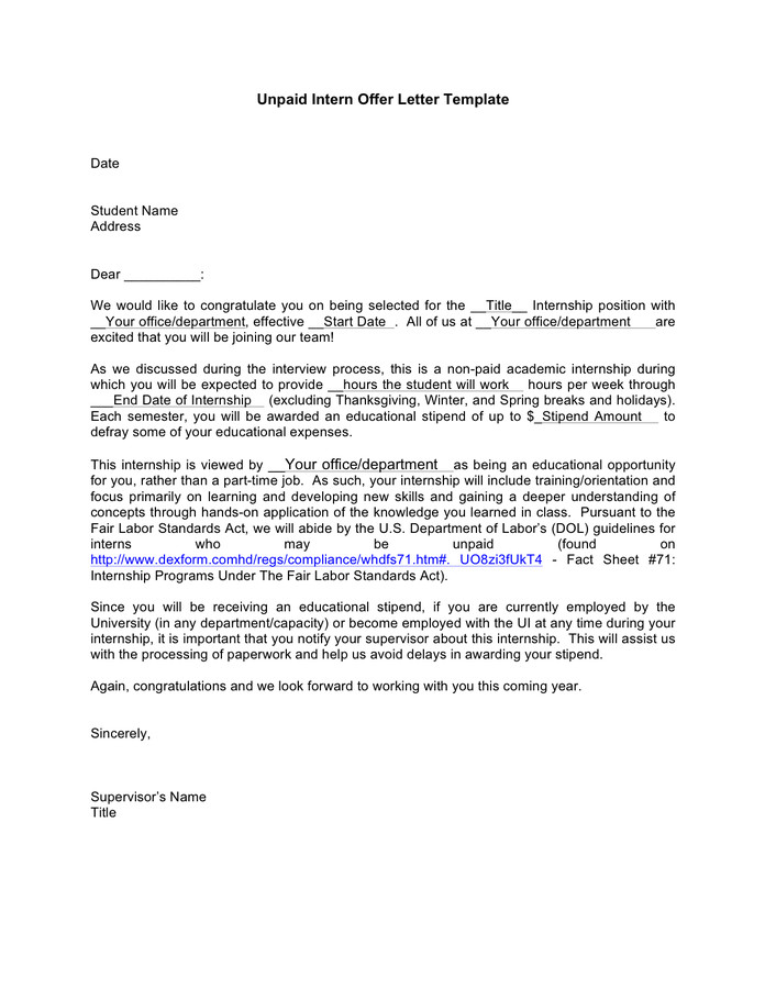 Unpaid intern offer letter template in Word and Pdf formats