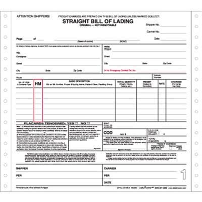 Straight Bill of Lading Form Pin Feed 4 Part 8 5" x 8 5