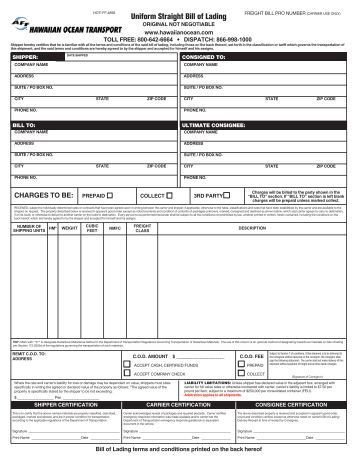 UNIFORM HOUSEHOLD GOODS BILL OF LADING AND FREIGHT