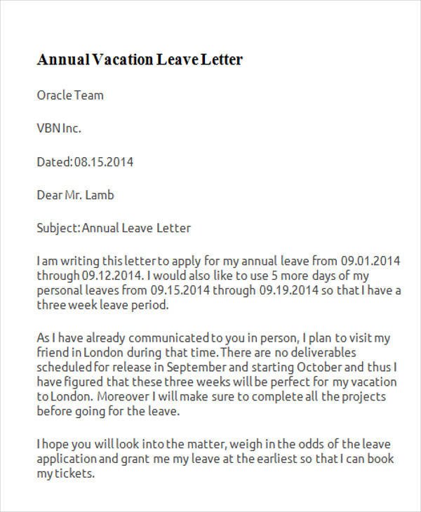 42 Leave Letter Samples PDF Word Apple Pages