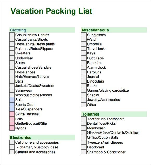 6 Packing List Templates Free Sample Templates