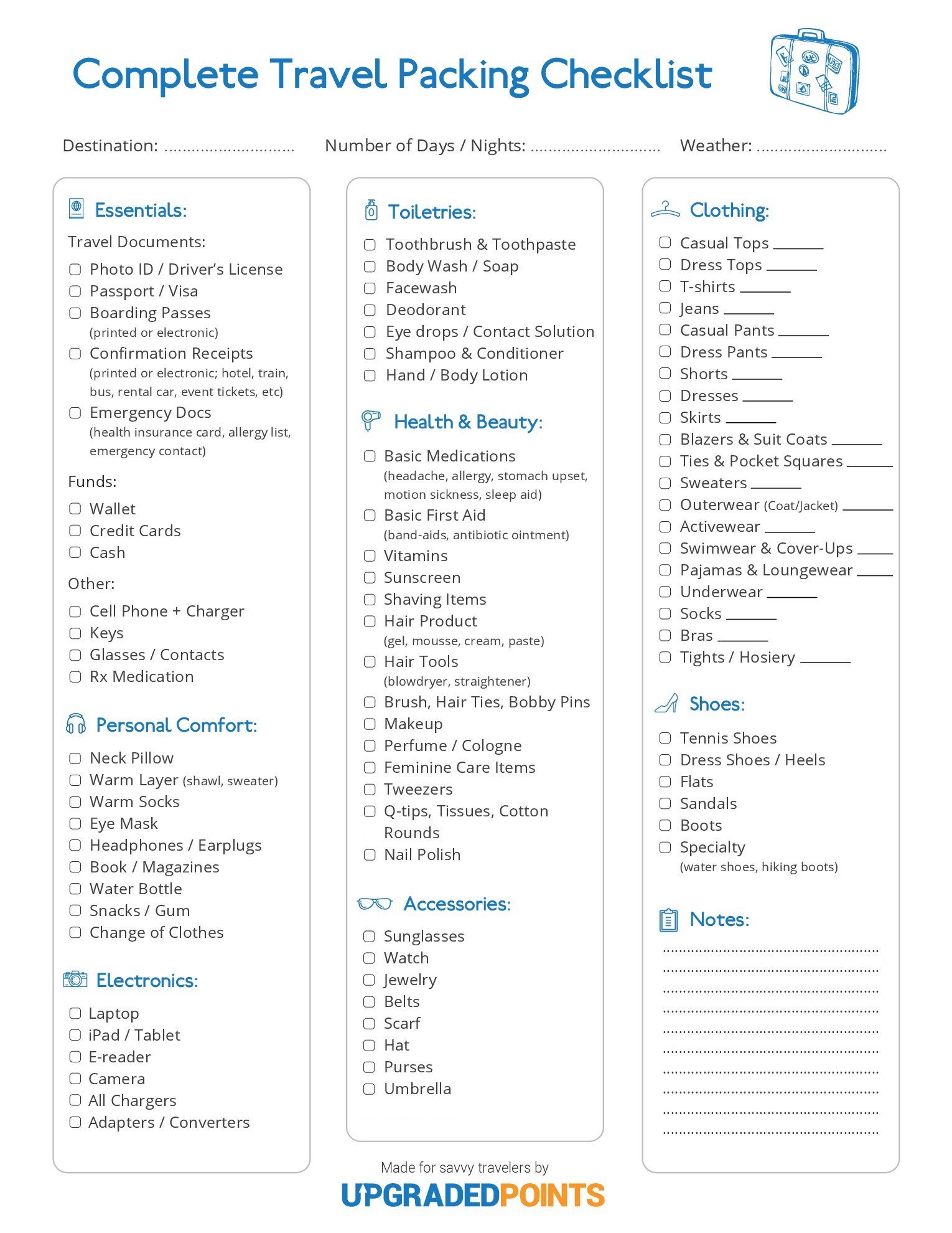 Easy Printable Travel Packing Checklist 30 Best Packing