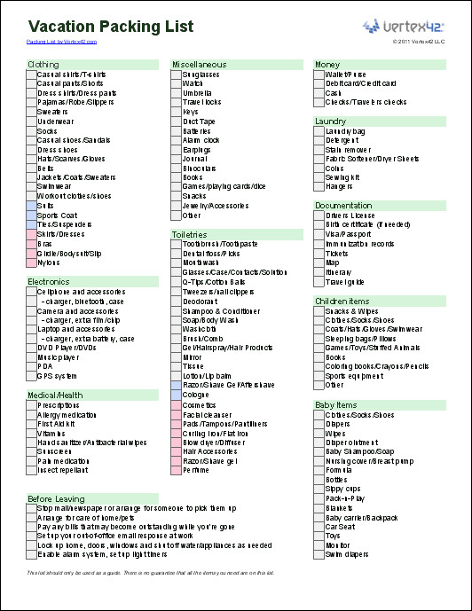 Free Packing List Template for Vacation Travel or College