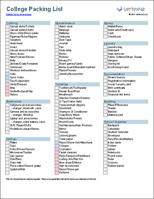 Free Packing List Template for Vacation Travel or College