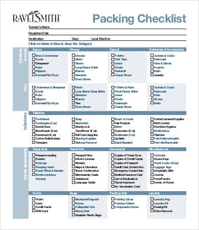 Packing Lists For Vacation 9 Free Word PDF Documents