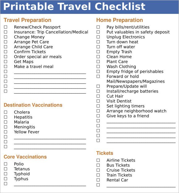 Sample Travel Checklist – 8 Example Format