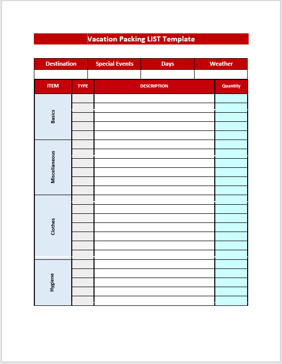 Vacation Packing List Template – Microsoft Word Templates