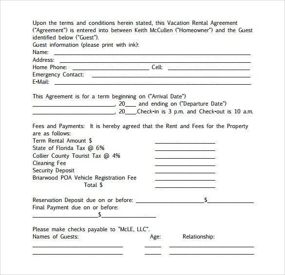 Sample Vacation Rental Agreement 7 Free Documents in