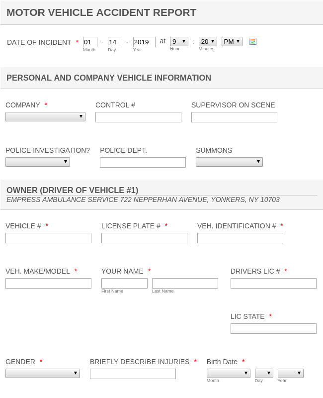 MOTOR VEHICLE ACCIDENT REPORT Form Template