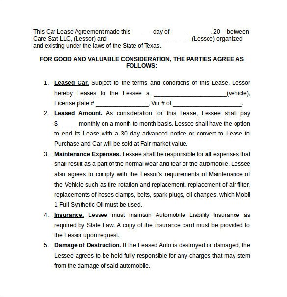 8 Car Lease Agreement Templates Word PDF Pages