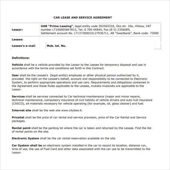 Sample Vehicle Lease Agreement Template 14 Free