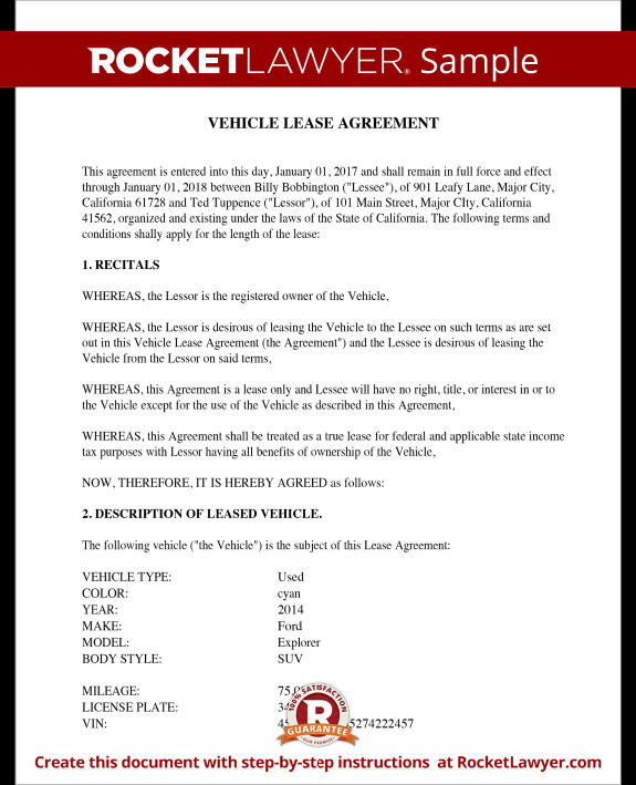 Vehicle Lease Agreement Sample Lease for Cars and Trucks
