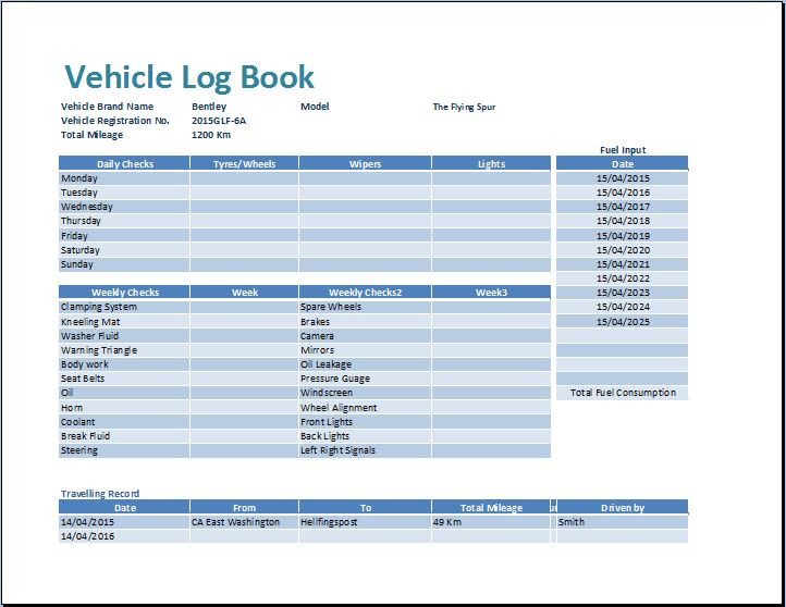 MS Excel Vehicle Log Book Template