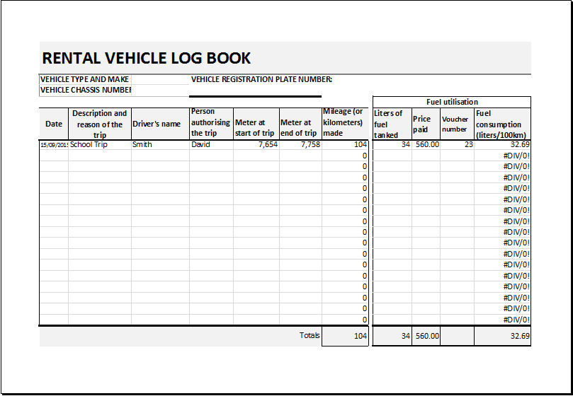 Rental Vehicle Log Book Template for EXCEL