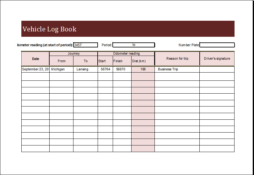 Vehicle Log Book Template for MS EXCEL