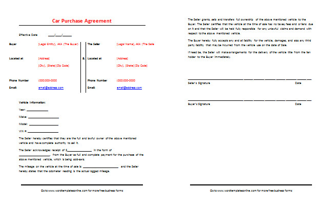 Car Purchase Agreement Template Best Samples