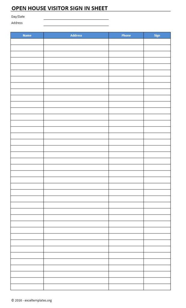Open House Sign In Sheet Template