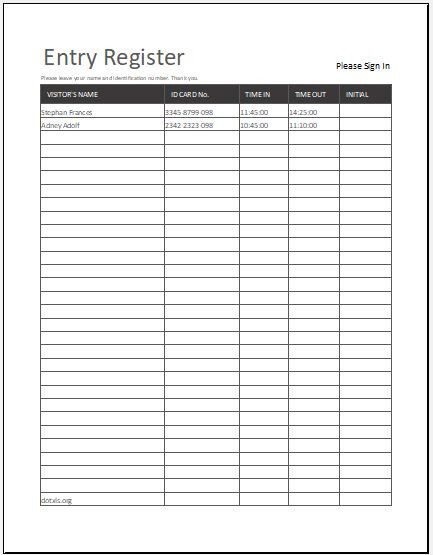 Visitor Log Book Template MS Excel