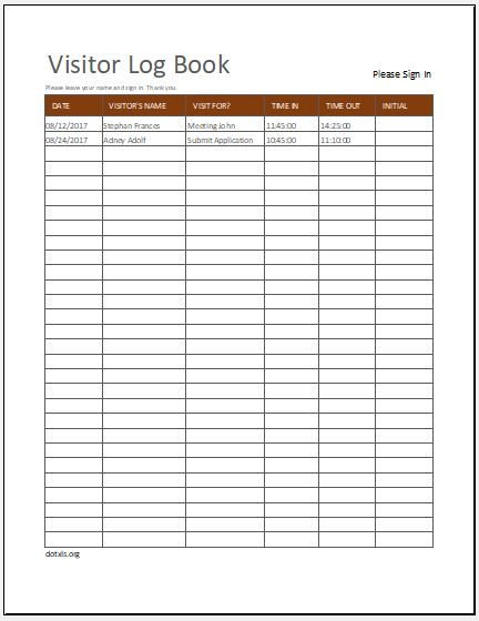 Visitor Log Book Template MS Excel