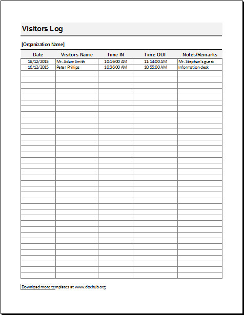 Visitors Log Template for MS EXCEL and Calc