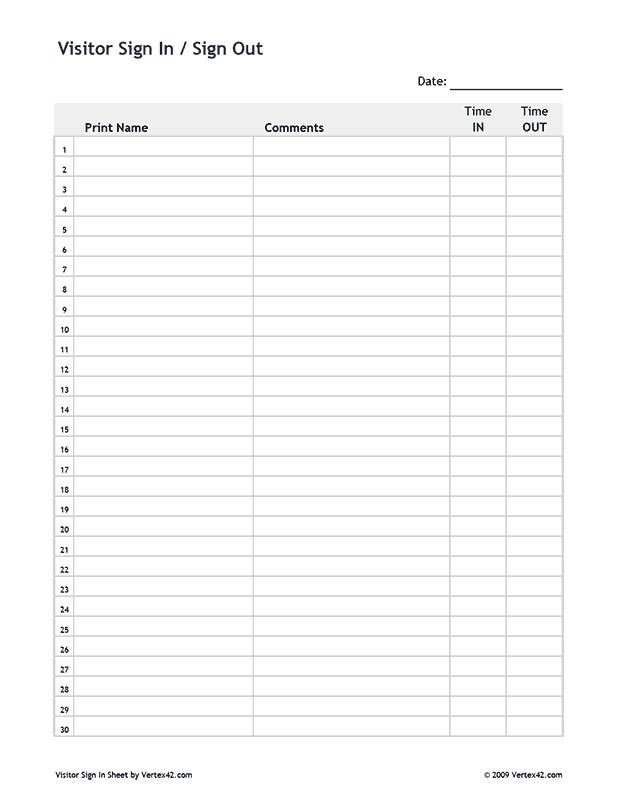 Free printable Visitor Sign In Sign Out Sheet PDF from