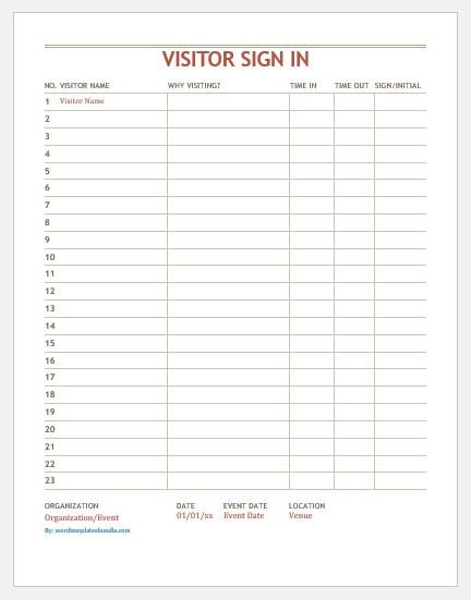 Visitor Sign in Sheet Templates MS Word