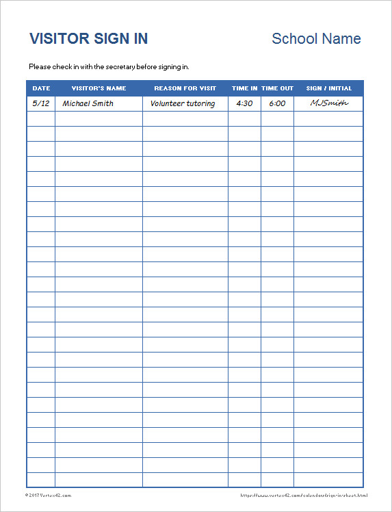 Download the School Visitor Sign In Sheet from Vertex42