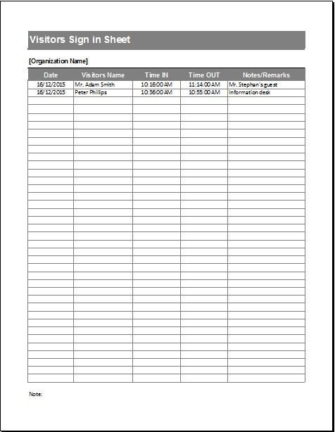 Sign in Sheets for Visitors Meetings & Patients