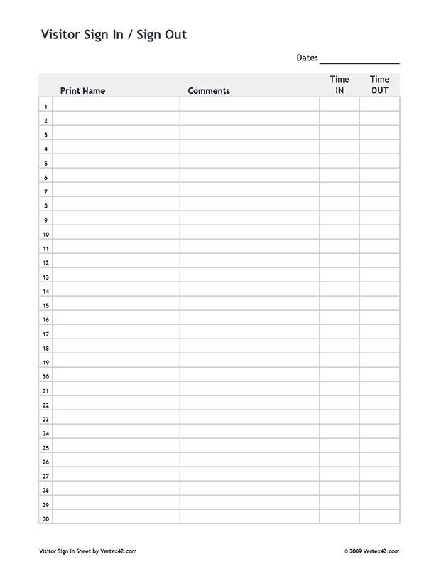 Free printable Visitor Sign In Sign Out Sheet PDF from