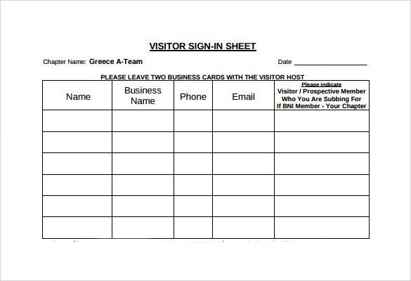 Sample Visitor Sign in Sheet 10 Documents in Word PDF