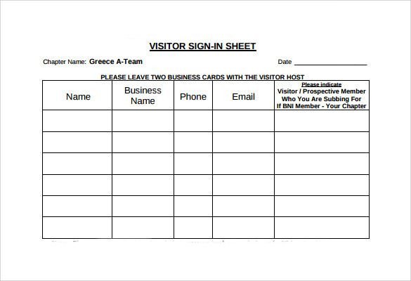 Visitor Sign In Sheet Template template