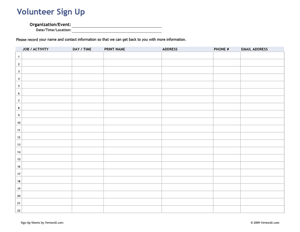 Free printable Volunteer Sign Up Sheet PDF from Vertex42
