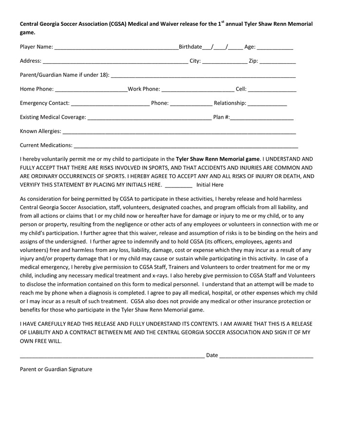Youth Sports Medical Release Form in Word and Pdf formats