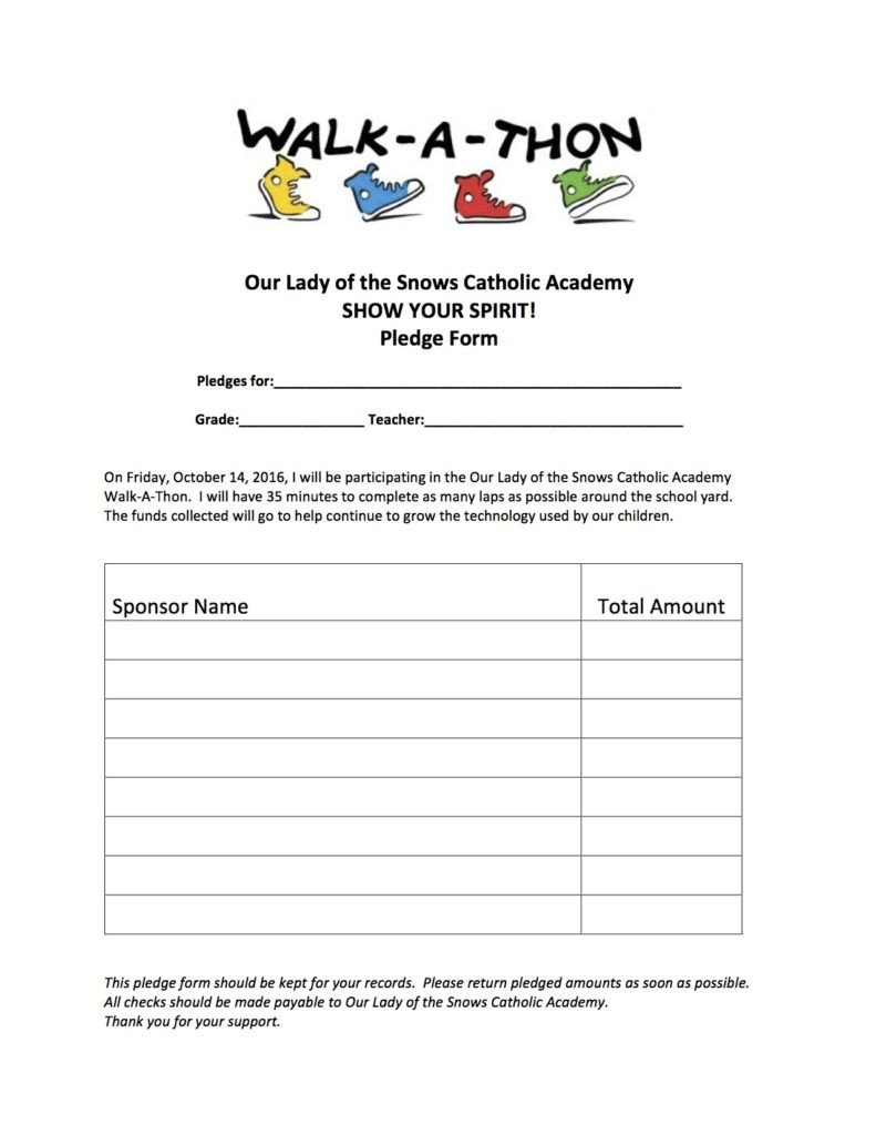 Walk A Thon Pledge Form Our Lady of the Snows Catholic
