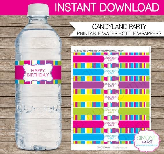 Candyland Party Water Bottle Labels or Wrappers INSTANT