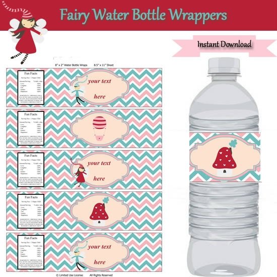 Fairy Party Water Bottle Label Wrappers INSTANT DOWNLOAD