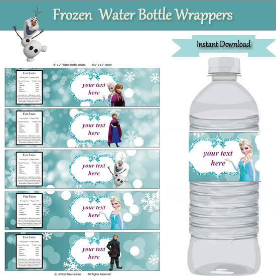 Frozen Party Water Bottle Label Wrappers INSTANT DOWNLOAD
