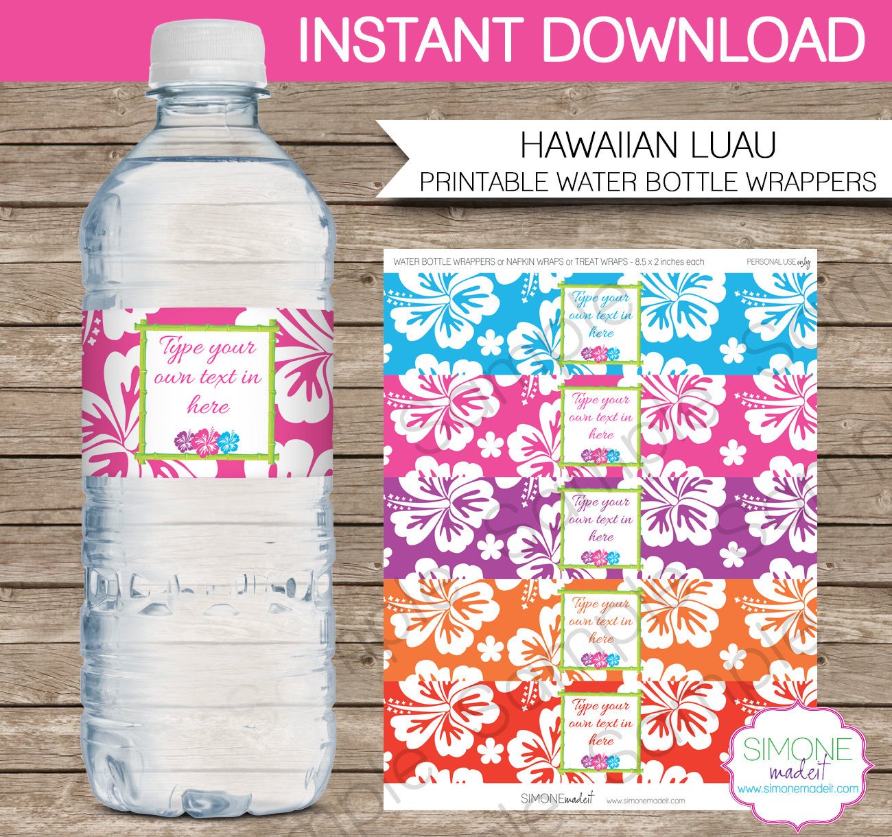 Luau Party Water Bottle Labels or Wrappers INSTANT DOWNLOAD