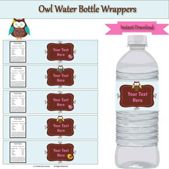 Owl Party Water Bottle Label Wrappers INSTANT DOWNLOAD