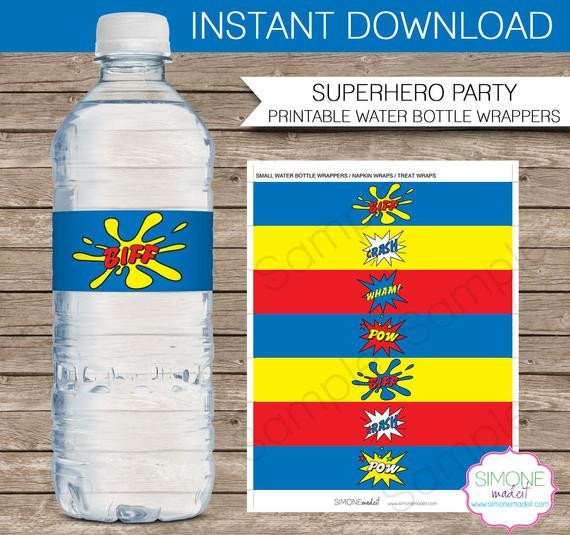 Superhero Party Water Bottle Labels or Wrappers INSTANT