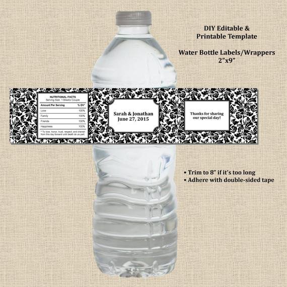 Wedding Water Bottle Label Wrapper 2X9 Black White Damask