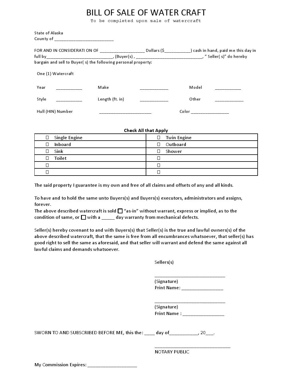Free Alaska Watercraft Bill of Sale Form Download PDF