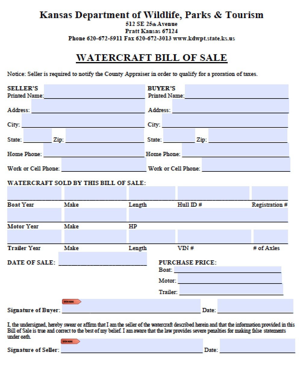 Free Kansas Vessel Bill of Sale Form PDF
