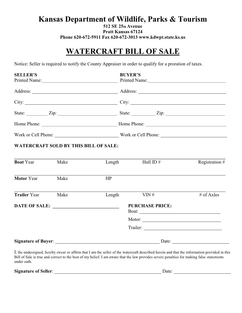 Free Kansas Watercraft or Boat Bill of Sale Form