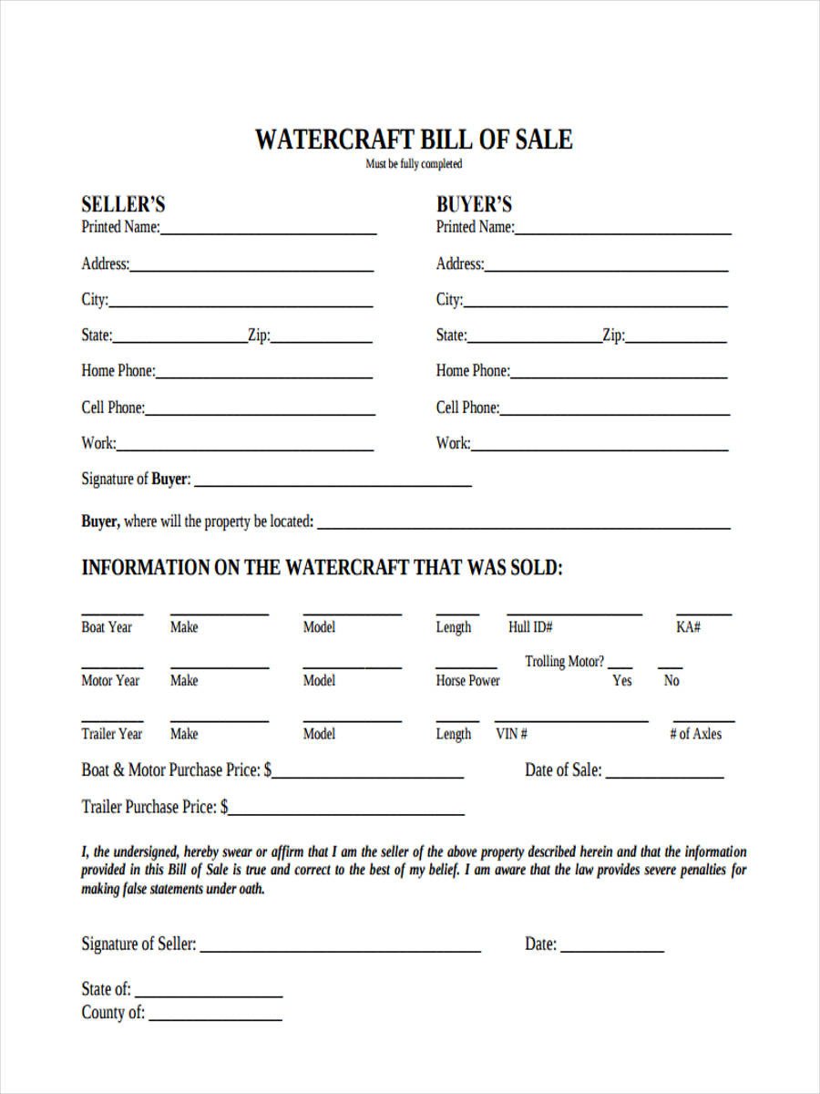 Watercraft Bill of Sale Form 5 Free Documents in Word PDF