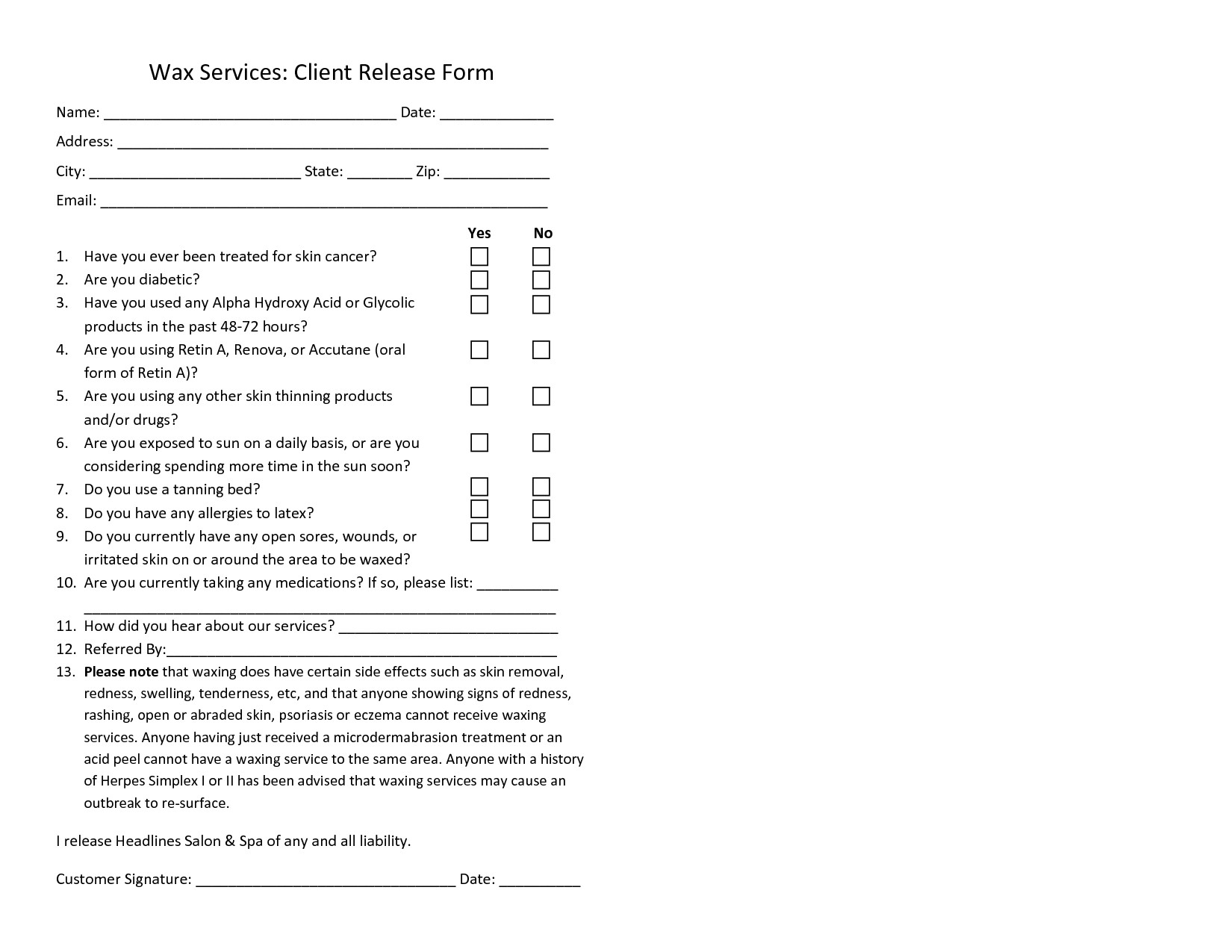waxing consent form template waxing form