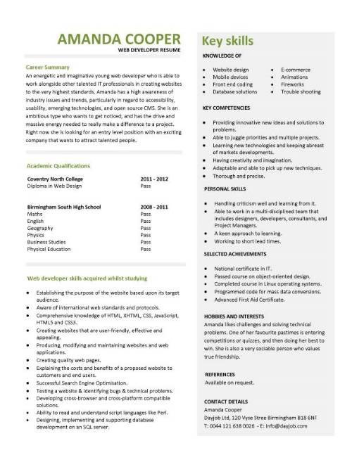 Student entry level Web Developer resume template
