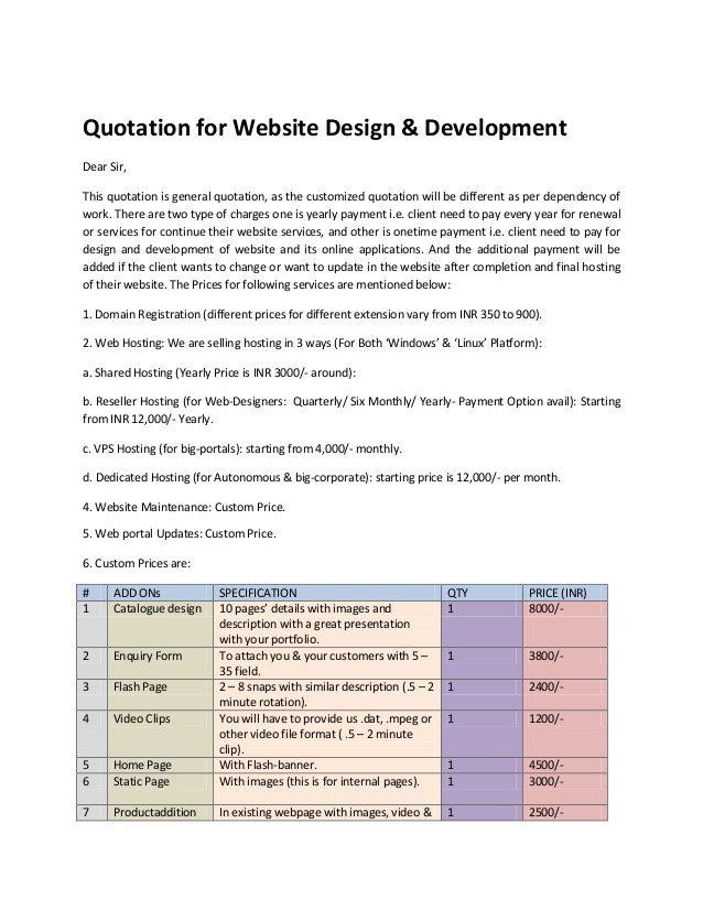 Quotation for website design