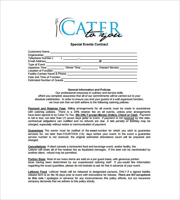 13 Sample Catering Contract Templates PDF Word Apple